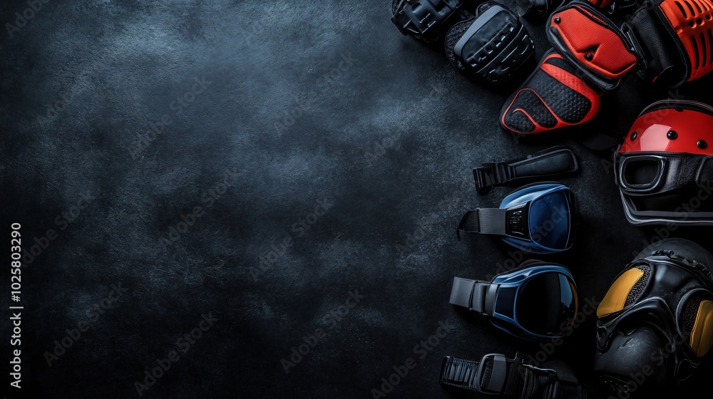 Winter sports equipment on a black background with copy space. Winter sports equipment on a black background with copy space.
