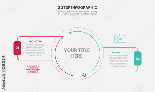 2 points template infographic outline style with 2 point stage or step comparison template with big circle center and arrow edge with cycle circular style for slide presentation