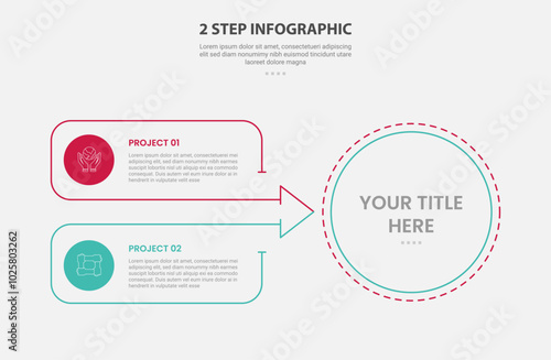 2 points template infographic outline style with 2 point stage or step comparison template with big circle and arrow box join container for slide presentation