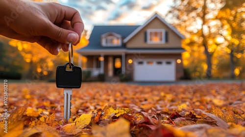 Hand holding house key amidst autumn leaves outdoors.