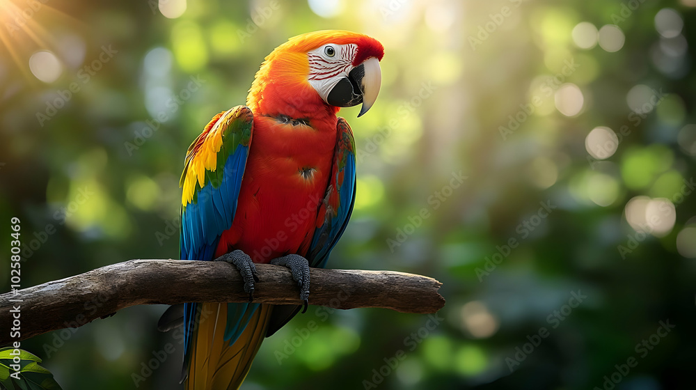 custom made wallpaper toronto digitalA Colorful Parrot Perched on a Branch in a Lush Green Forest with Sunlight Streaming Through the Canopy