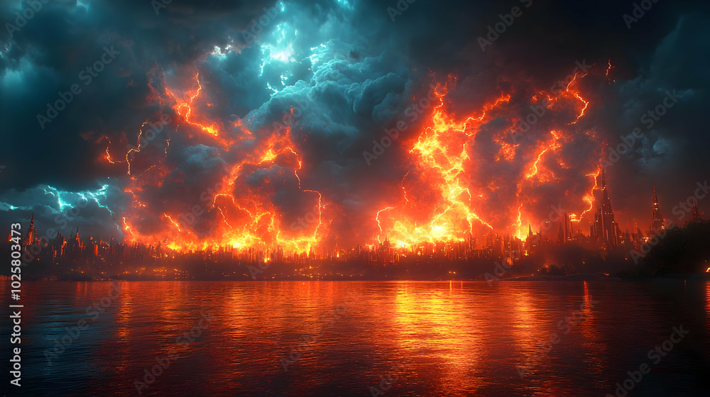 Fiery Apocalypse: City Engulfed in Flames with Lightning Strikes, Apocalyptic Sky with Dramatic Thunderstorm, Cityscape Silhouette Fiery Apocalypse: City Engulfed in Flames with Lightning Strikes, Apocalyptic Sky with Dramatic Thunderstorm, Cityscape Silhouette