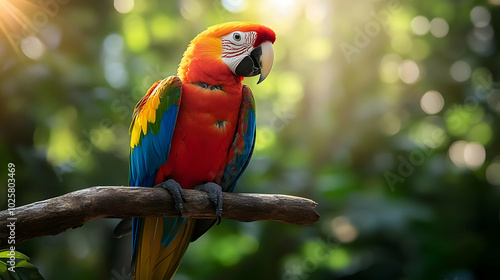 Wallpaper Mural A Colorful Parrot Perched on a Branch in a Lush Green Forest with Sunlight Streaming Through the Canopy Torontodigital.ca