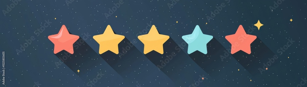 Obraz premium Colorful five-star rating illustration on a dark background, perfect for reviews, evaluations, or feedback themes.