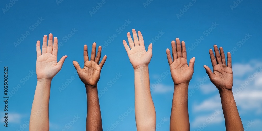 Diverse people raising their hands up against a blue sky background Diverse people raising their hands up against a blue sky background