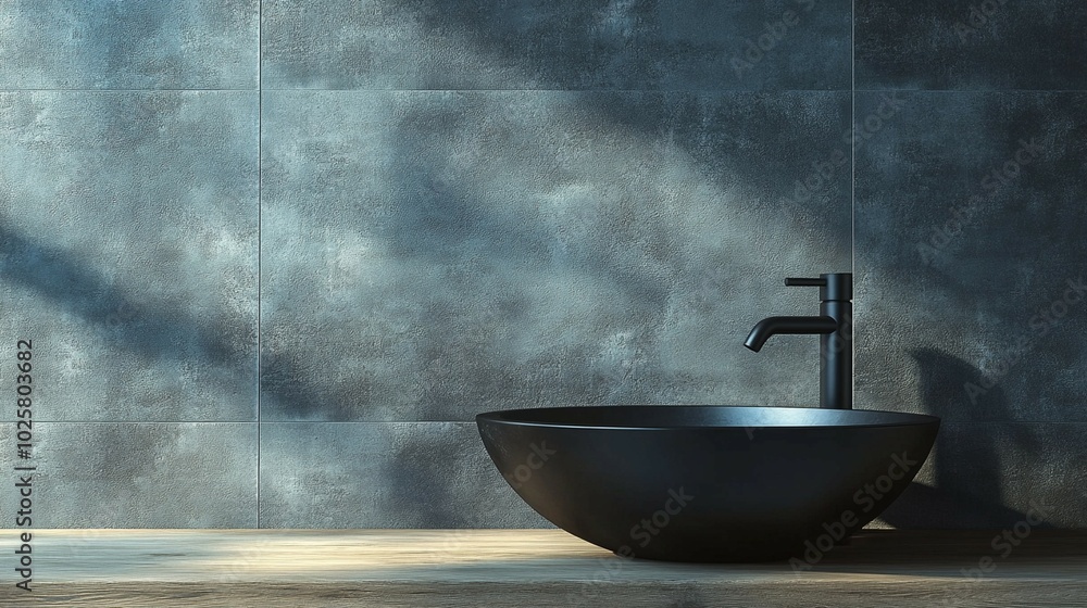 A black bowl on a wooden shelf, featuring a modern sink and faucet design against a gray wall. A black bowl on a wooden shelf, featuring a modern sink and faucet design against a gray wall.
