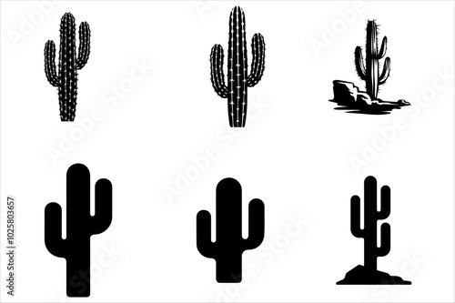 set of cactus vector art silhouette logo design black and white  photo