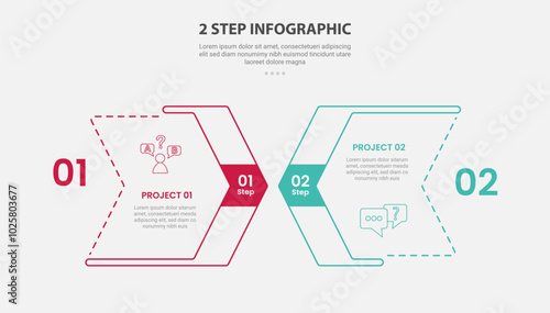 2 points template infographic outline style with 2 point stage or step comparison template with arrow box with layering style design for slide presentation