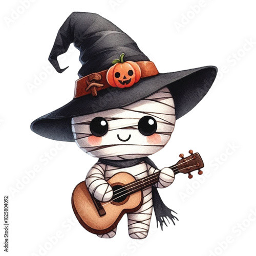 Cute mummy holding a guitar clipart watercolor