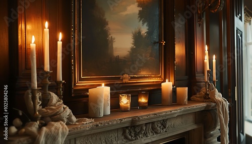 Luxury interior of room with fireplace, mirror and burning candles
