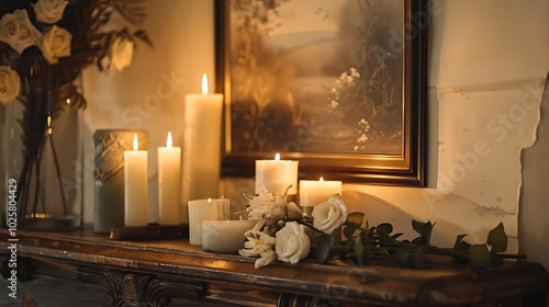 Luxury interior of room with fireplace, mirror and burning candles