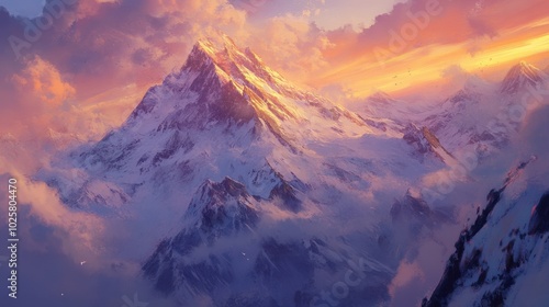 Majestic Mountain Range with Snowy Peaks at Sunset