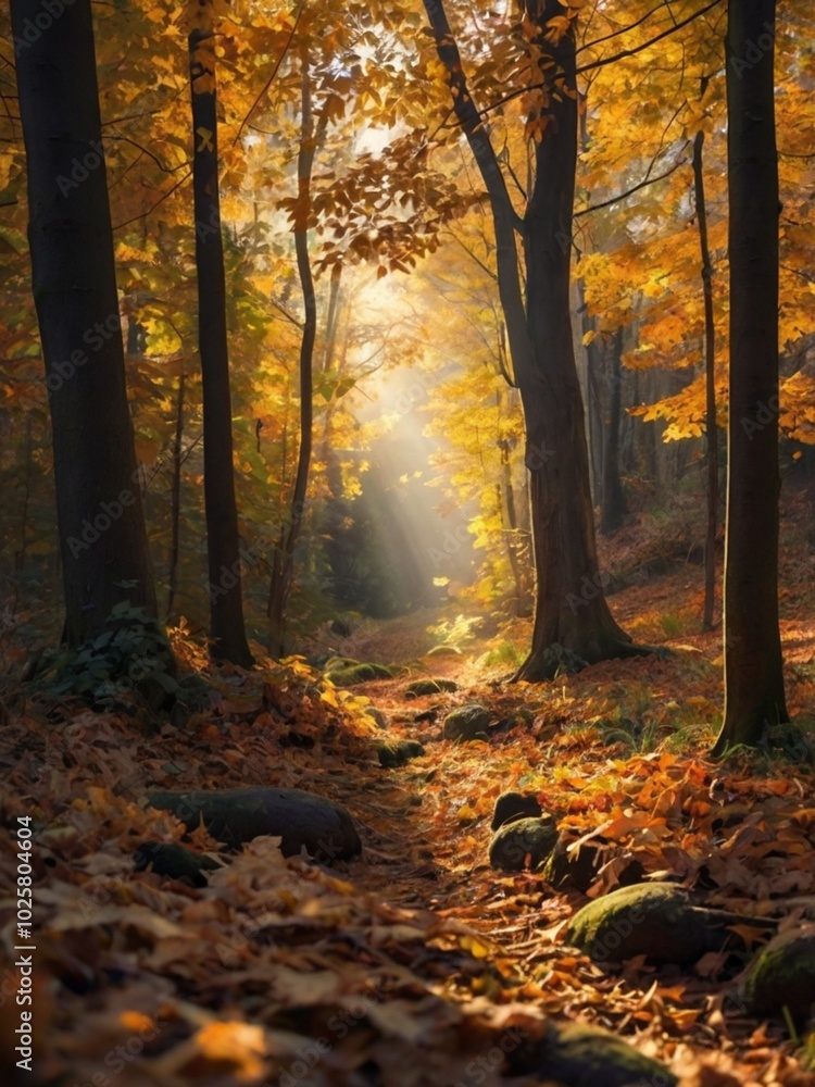Fototapeta premium Autumn Maple Tree Forest Road