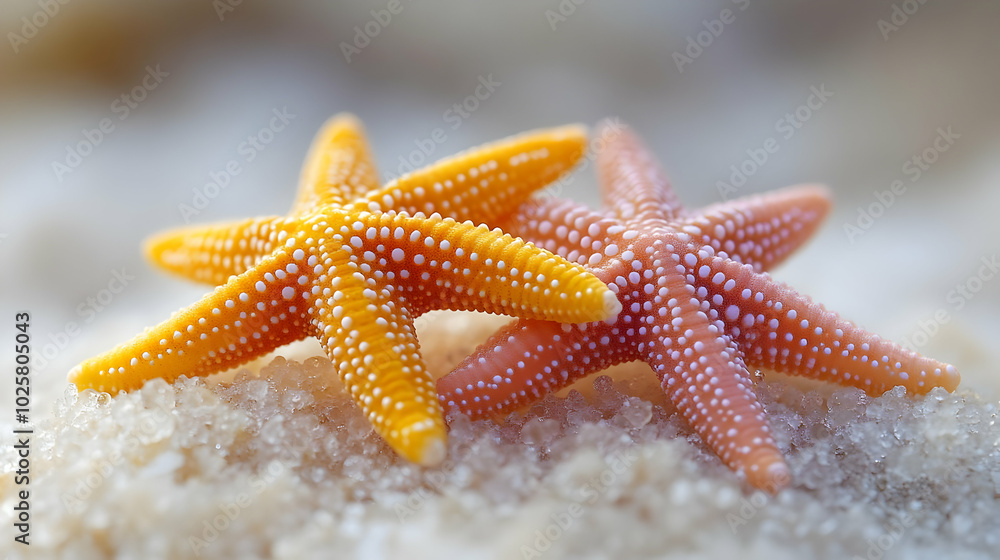 Close-up of Two Starfish Resting on White Sand with a Soft Blurred Background Close-up of Two Starfish Resting on White Sand with a Soft Blurred Background