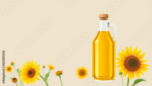 Sunflower Oil, an Organic Ingredient for Vegetarian Cooking, Highlighting Yellow Flowers in Agriculture and Healthy Food Options