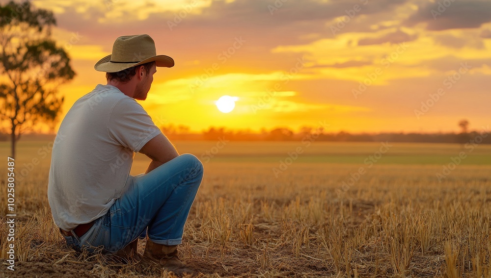 Crouching farmer in an Australian outback field Crouching farmer in an Australian outback field