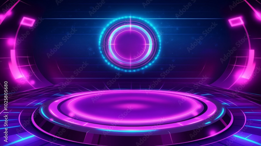 Obraz premium A vibrant, futuristic graphic featuring neon circles and lines, ideal for digital presentations or events.