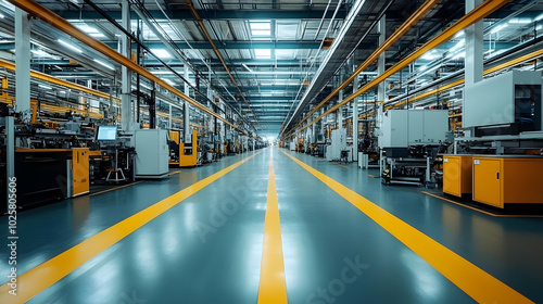 Modern Industrial Factory Floor with Rows of Machinery and Yellow Lines