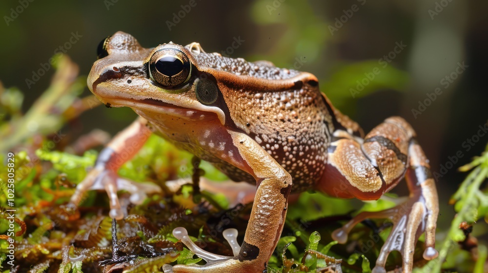 Fototapeta premium Close-up of a Brown and White Spotted Frog on Moss