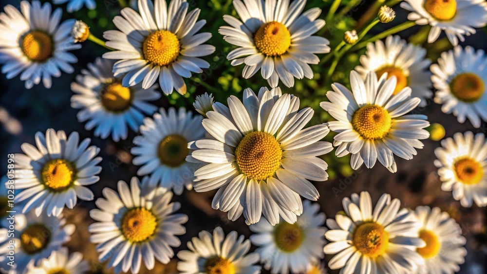 Close-up shot of daisies with selective focus and raised shadows Close-up shot of daisies with selective focus and raised shadows