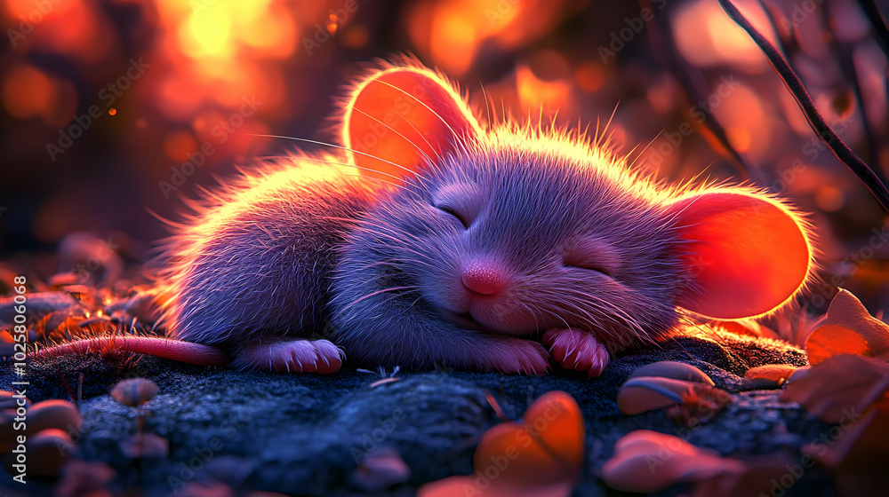 Cute Little Mouse Sleeping Peacefully in the Sunset, Soft Fur, Adorable, Peaceful, Relaxing