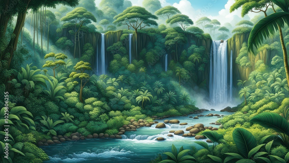 Fototapeta premium Lush tropical landscape featuring waterfalls and vibrant greenery.