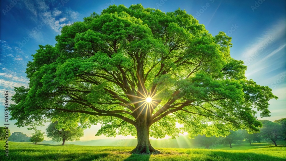 Close-up shot of sunlight streaming through lush tree foliage with shallow depth of field Close-up shot of sunlight streaming through lush tree foliage with shallow depth of field