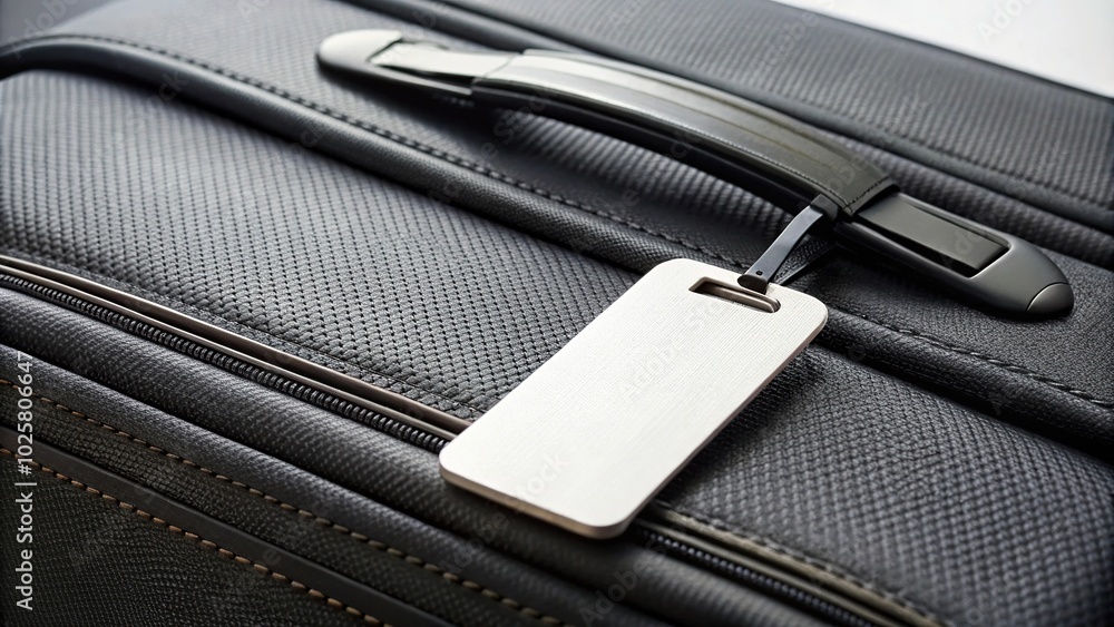 Close-up shot of the black suitcase label with copy space for text on a white background