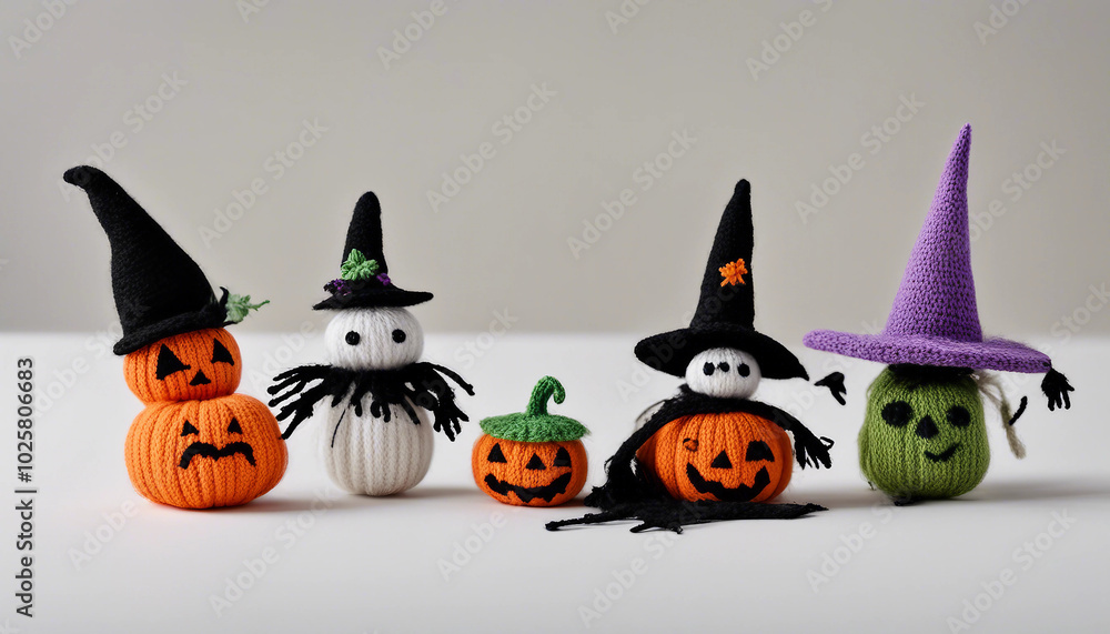 A collection of Halloween-themed knitted toys displayed against a plain white background. A collection of Halloween-themed knitted toys displayed against a plain white background.
