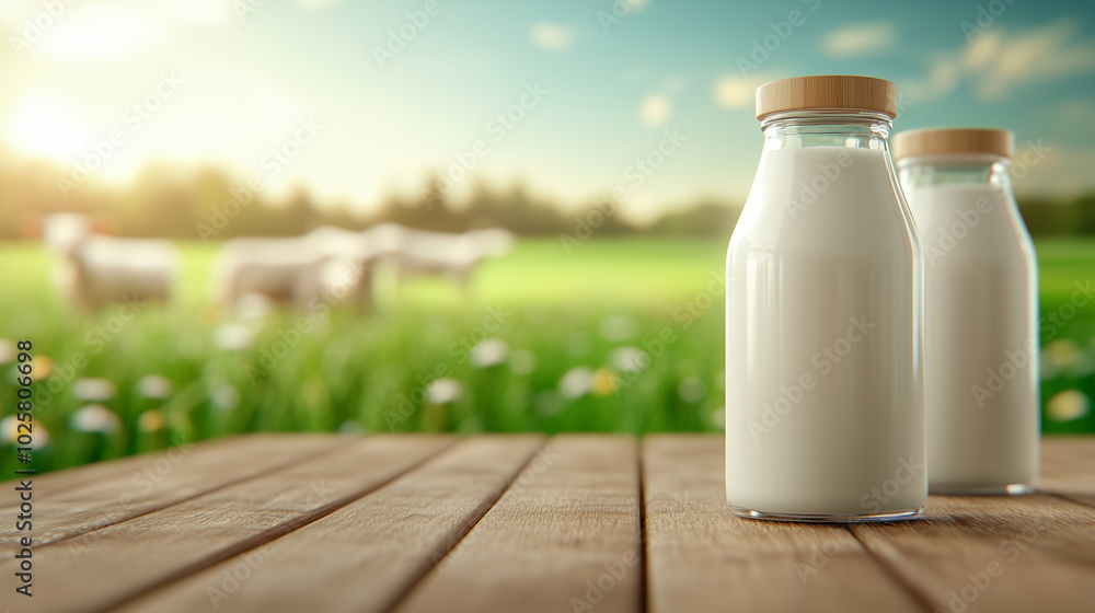 Two glass bottles filled with fresh milk sit on a wooden table in a picturesque farm setting Two glass bottles filled with fresh milk sit on a wooden table in a picturesque farm setting