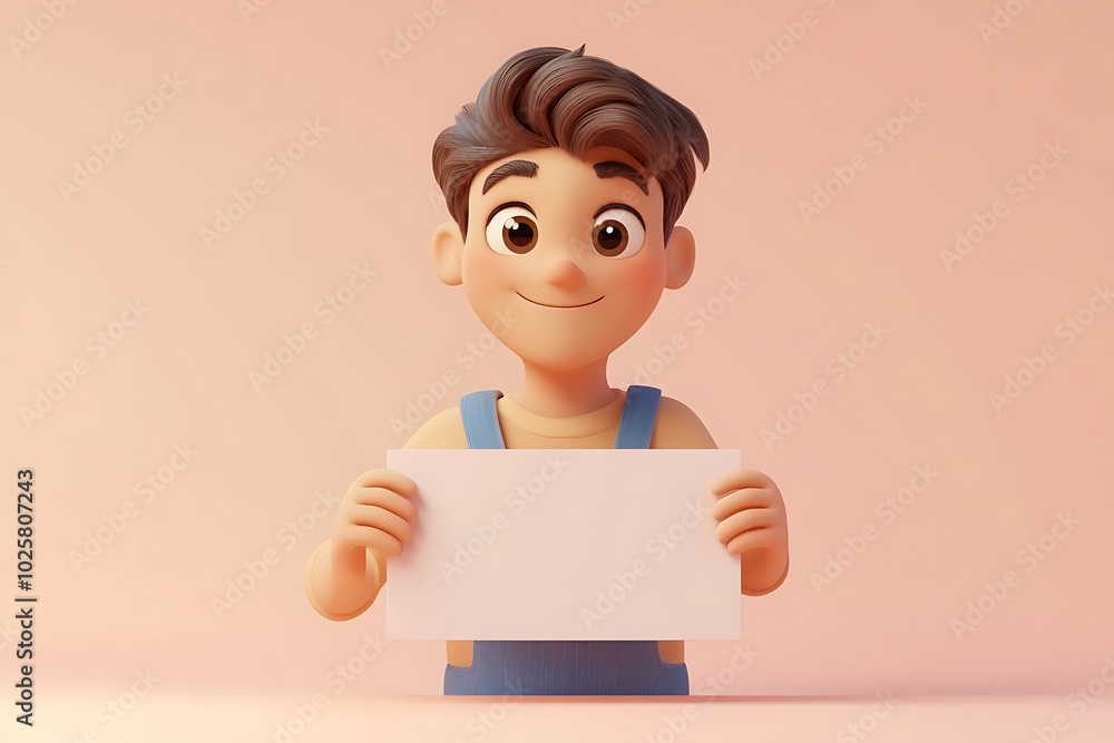 A cheerful animated boy holding a blank sign against a soft background. A cheerful animated boy holding a blank sign against a soft background.
