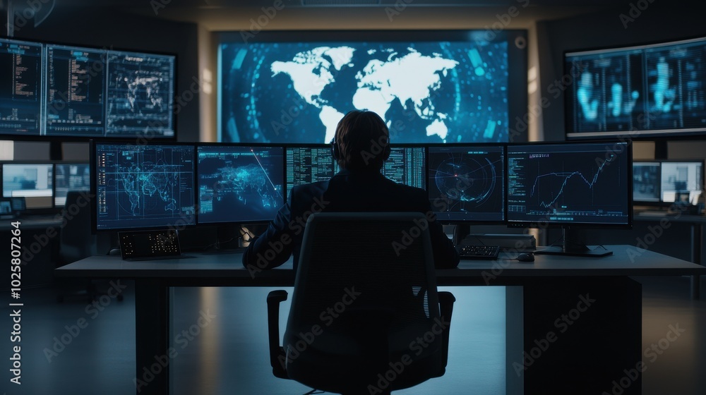 IT specialist monitoring global data in a modern control room IT specialist monitoring global data in a modern control room
