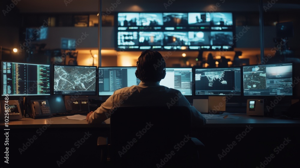 Security operations center specialist monitoring multiple systems Security operations center specialist monitoring multiple systems