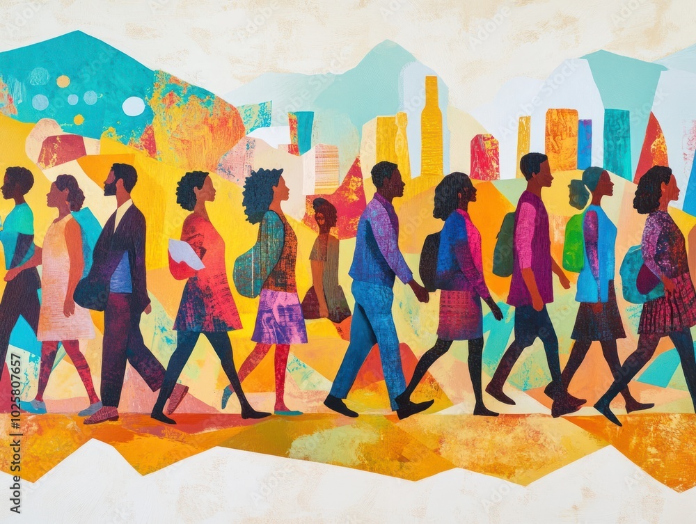 Obraz premium A hopeful path to success for marginalized communities visual, showcasing a group of diverse individuals walking together toward opportunity, with themes of inclusion, equality, and resilience