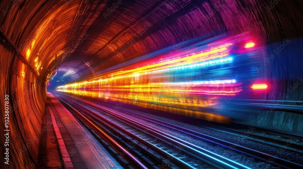 A long-exposure shot of a train exiting a tunnel, with the lights of the train creating bright streaks of color against the dark tunnel entrance A long-exposure shot of a train exiting a tunnel, with the lights of the train creating bright streaks of color against the dark tunnel entrance