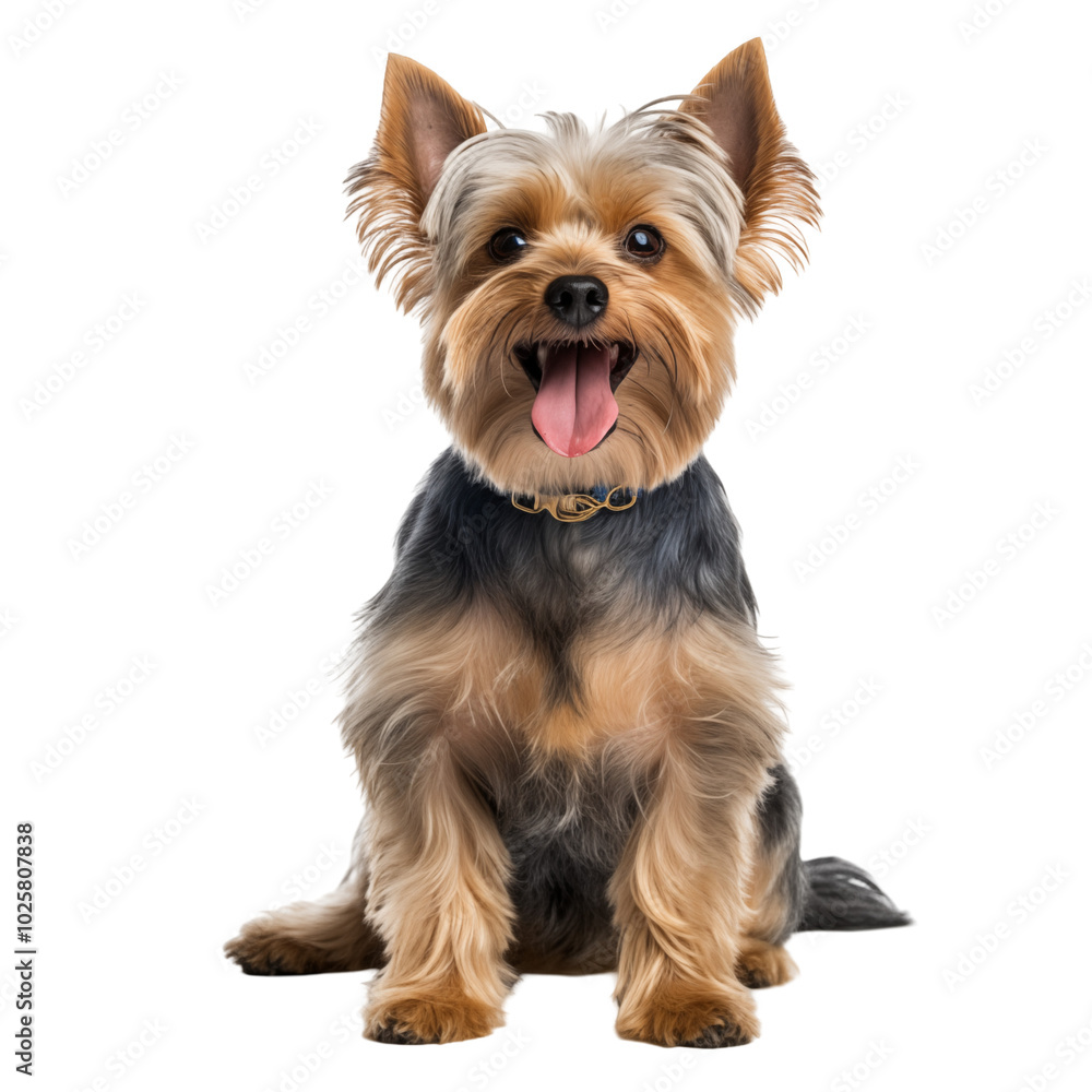 A cheerful Yorkshire Terrier poses happily against a clean transparent background in a studio setting, showcasing its playful personality A cheerful Yorkshire Terrier poses happily against a clean transparent background in a studio setting, showcasing its playful personality