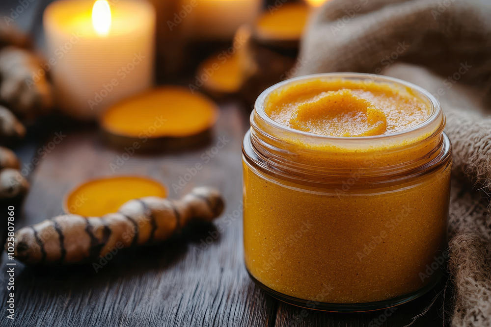 A close-up view of a golden-yellow turmeric scrub jar with a smooth texture. The scrub sits on a rustic wooden table. A close-up view of a golden-yellow turmeric scrub jar with a smooth texture. The scrub sits on a rustic wooden table.