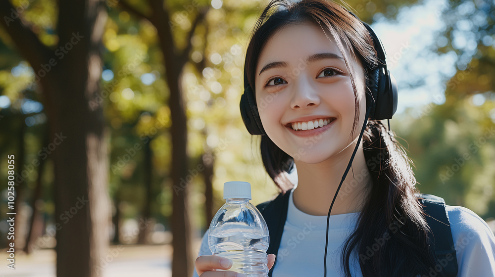 young asian woman smiling, wearing headphones and holding a water bottle during an outdoor workout young asian woman smiling, wearing headphones and holding a water bottle during an outdoor workout