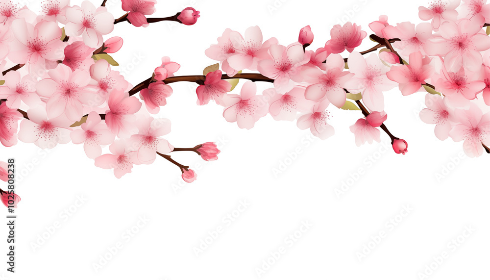 Delicate cherry blossom branches adorned with pink flowers against a clean transparent background in springtime tranquility Delicate cherry blossom branches adorned with pink flowers against a clean transparent background in springtime tranquility