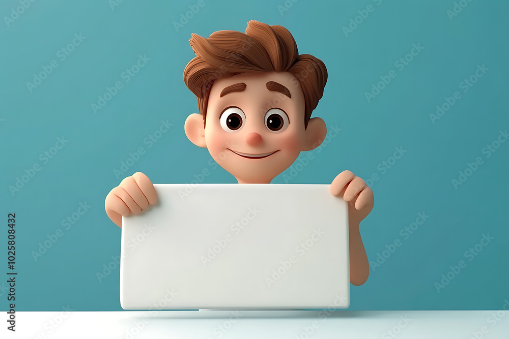 A cheerful cartoon boy holding a blank sign, ready to share a message or idea. A cheerful cartoon boy holding a blank sign, ready to share a message or idea.