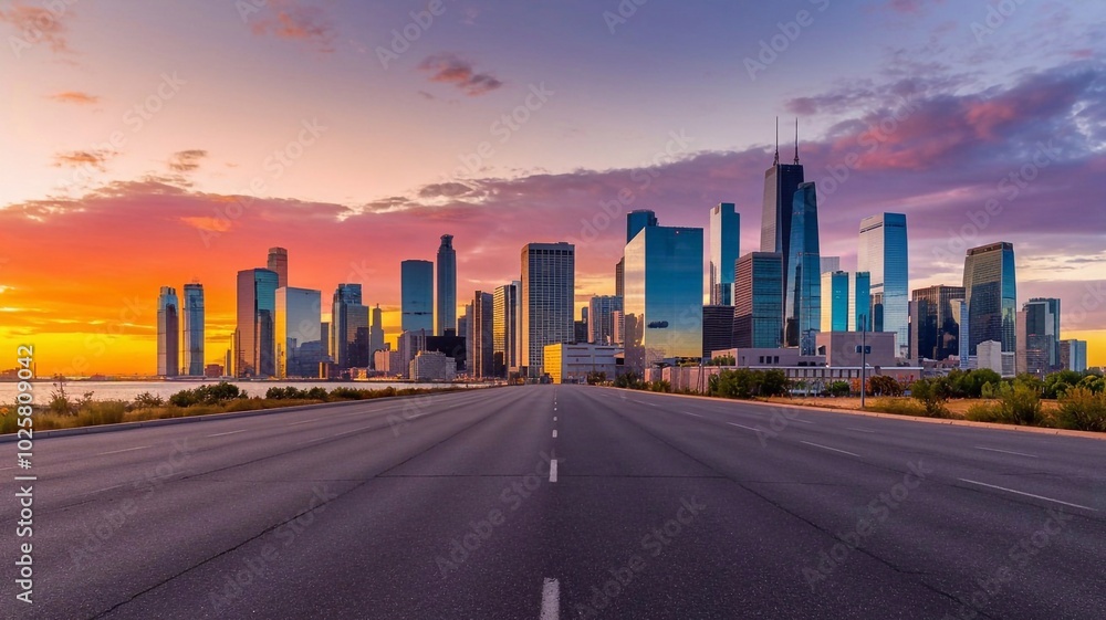Panoramic city skyline and buildings with empty asphalt road at sunset. Panoramic city skyline and buildings with empty asphalt road at sunset.