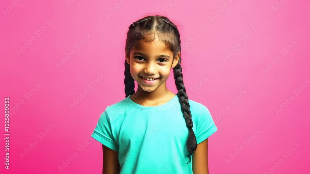 Smiling girl with braided hair in blue shirt against pink background Smiling girl with braided hair in blue shirt against pink background