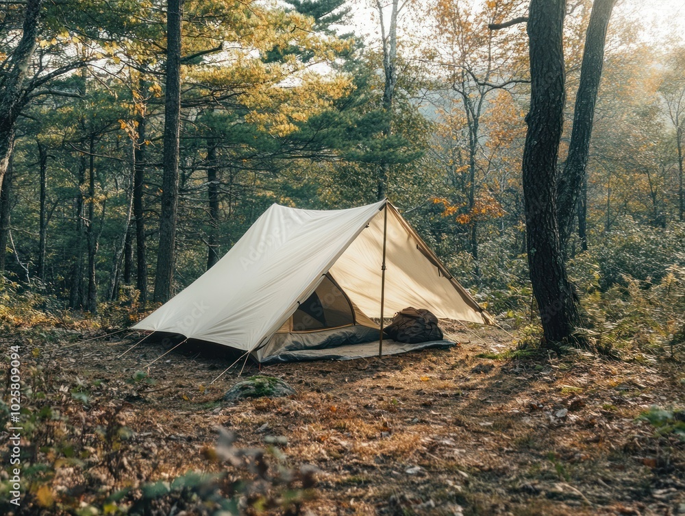 A minimalist camping experience, featuring light gear for minimalist camping, with compact tents, lightweight backpacks, and only the essentials for a simple, nature-centered experience A minimalist camping experience, featuring light gear for minimalist camping, with compact tents, lightweight backpacks, and only the essentials for a simple, nature-centered experience