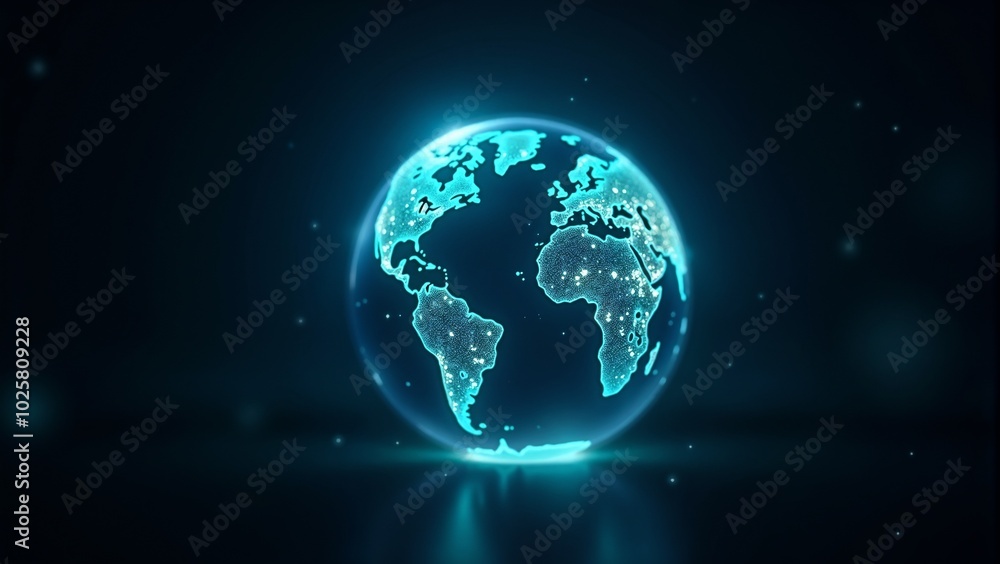 Glowing holographic Earth globe with a futuristic design against a dark background, perfect for tech concept Glowing holographic Earth globe with a futuristic design against a dark background, perfect for tech concept