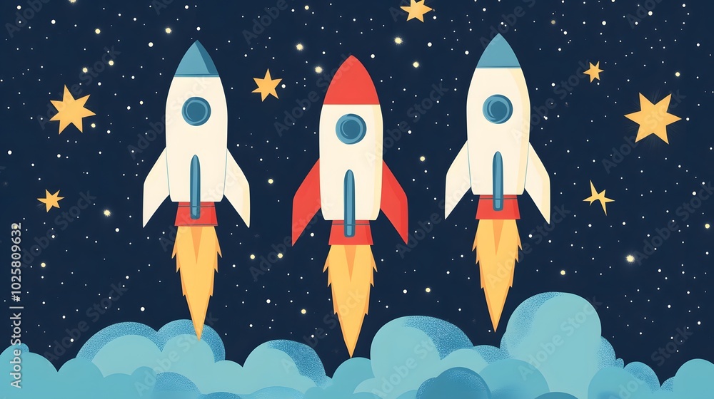Three Rockets Launching Into a Starry Night Sky Three Rockets Launching Into a Starry Night Sky