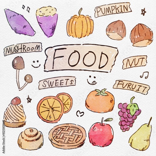 秋を彩る、食べ物のセットのおしゃれな手描きイラスト 水彩