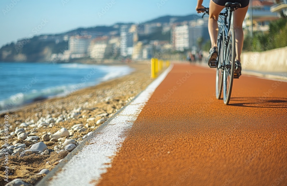 Fototapeta premium Cyclist riding on a champion bicycle path beside the beach during a sunny day