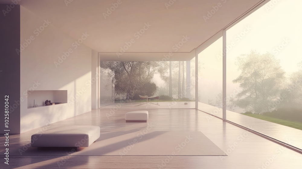 A peaceful minimalist home with open spaces, simple furnishings, and clean lines, where financial savings are visualized through minimalist habits, showing how living with less leads to more savings A peaceful minimalist home with open spaces, simple furnishings, and clean lines, where financial savings are visualized through minimalist habits, showing how living with less leads to more savings