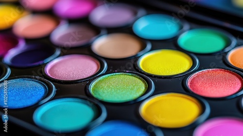 A close-up shot of a colorful eyeshadow palette with various shades of pink, blue, green, yellow, and orange.