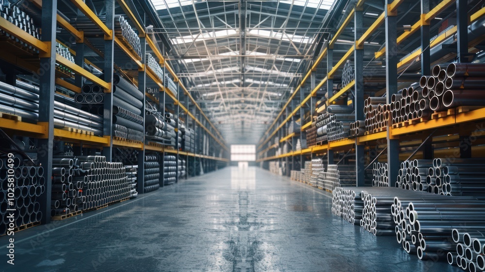 Steel Pipes Stacked on Shelves in a Large Warehouse Steel Pipes Stacked on Shelves in a Large Warehouse